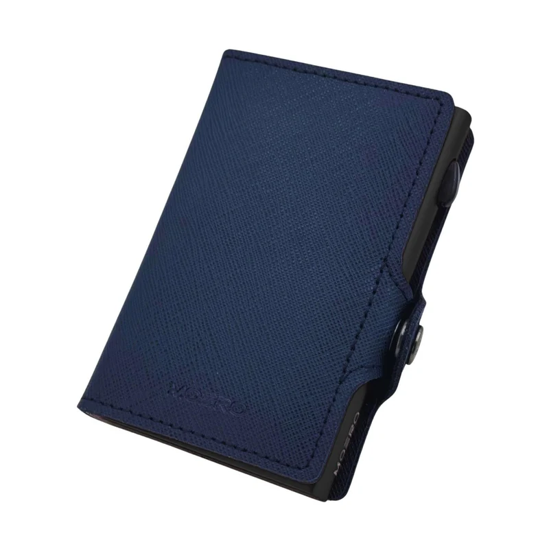 Moero Classic Zip Saffiano – Portafoglio in Vera Pelle Saffiano Antigraffio con Portamonete Zip, Protezione RFID e Chiusura con Bottone – Blu Navy