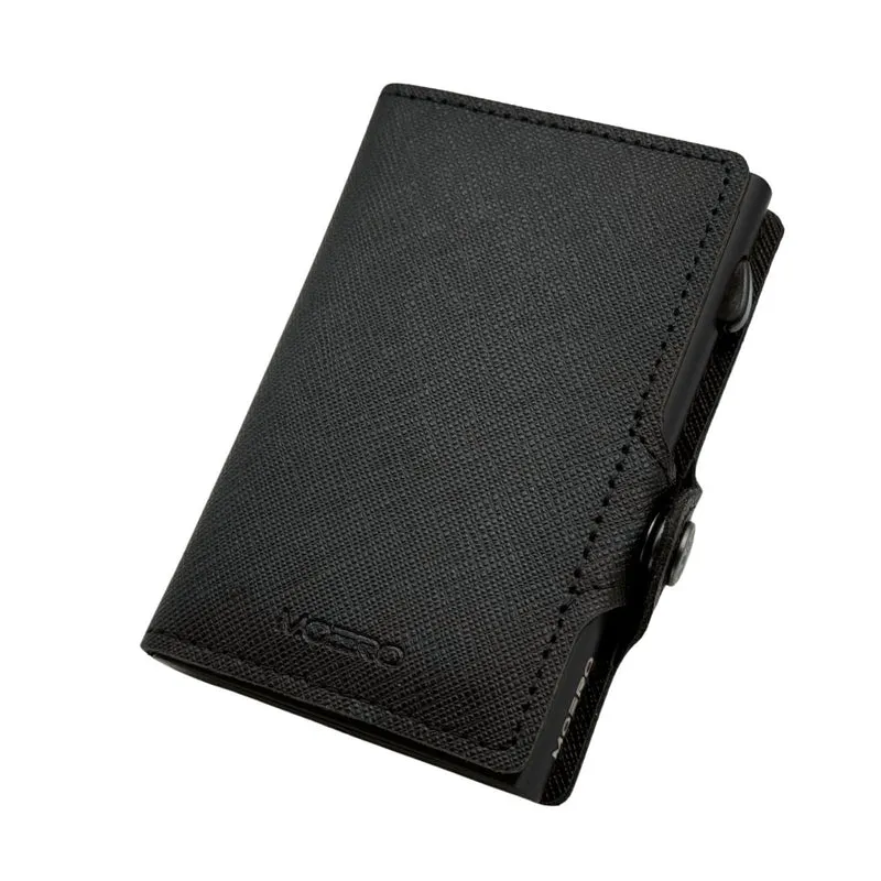 Moero Classic Zip Saffiano – Portafoglio in Vera Pelle Saffiano Antigraffio con Portamonete Zip, Protezione RFID e Chiusura con Bottone – Nero