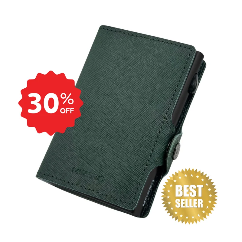 Moero Classic Zip Saffiano – Portafoglio in Vera Pelle Saffiano Antigraffio con Portamonete Zip, Protezione RFID e Chiusura con Bottone – Verde Foresta