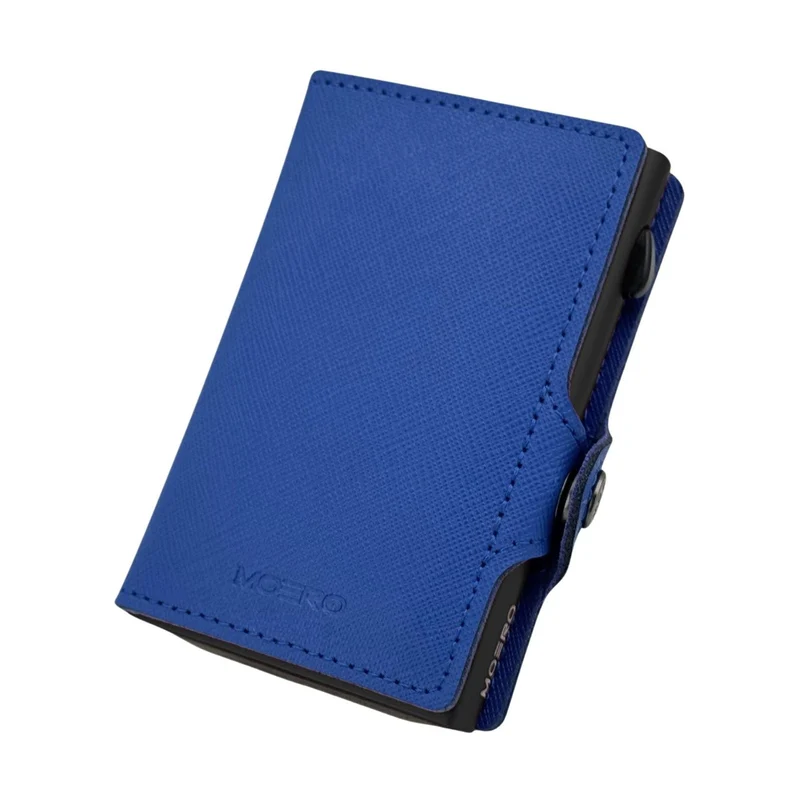 Moero Classic Zip Saffiano – Portafoglio in Vera Pelle Saffiano Antigraffio con Portamonete Zip, Protezione RFID e Chiusura con Bottone – Blue Shock