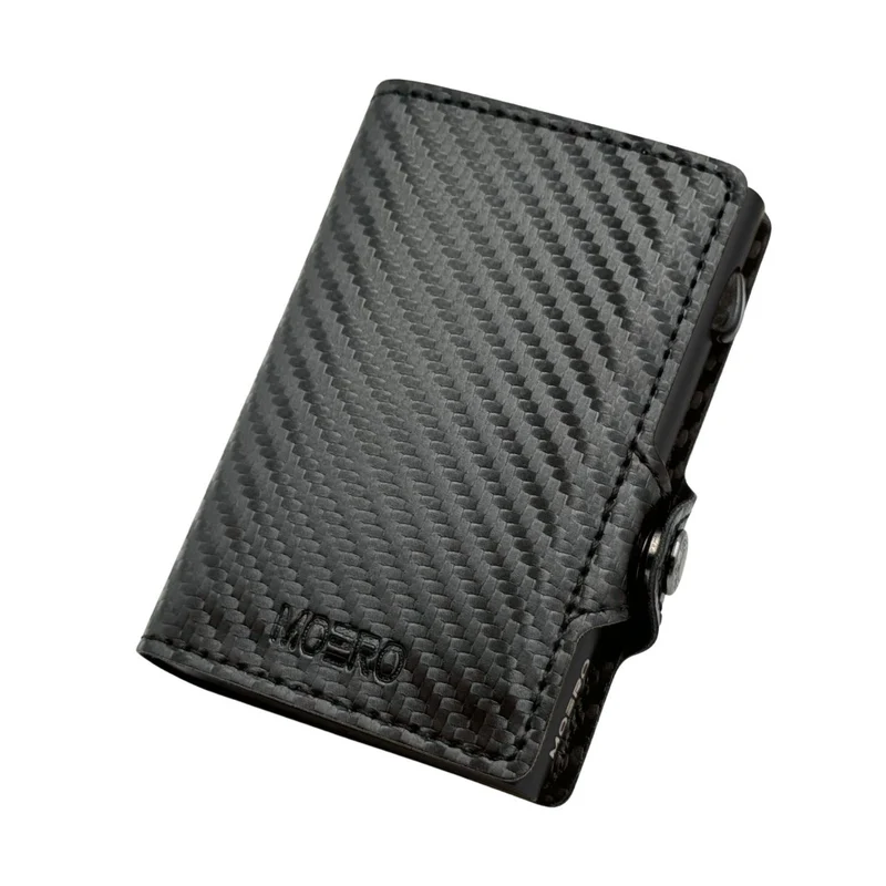 Moero Classic Carbon – Portafoglio in Vera Pelle e Fibra di Carbonio, Protezione RFID e Chiusura con Bottone – Nero