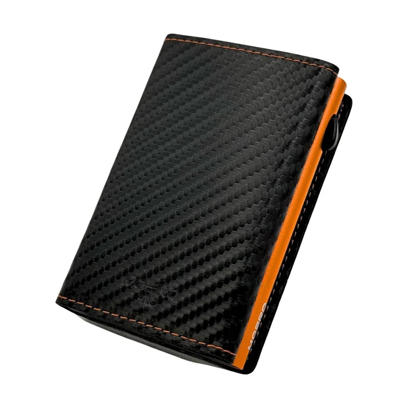 Moero PRO Zip Carbon – Portafoglio in Vera Pelle e Fibra di Carbonio con Portamonete Zip, Protezione RFID e Chiusura Magnetica – Nero con Cuciture Arancioni