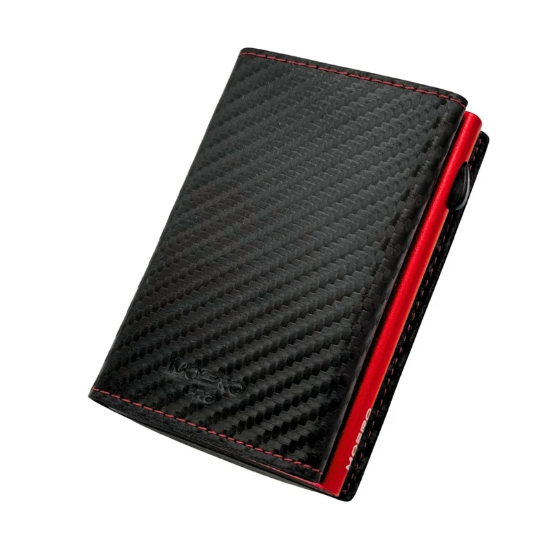 Moero PRO Zip Carbon – Portafoglio in Vera Pelle e Fibra di Carbonio con Portamonete Zip, Protezione RFID e Chiusura Magnetica – Nero con Cuciture Rosse