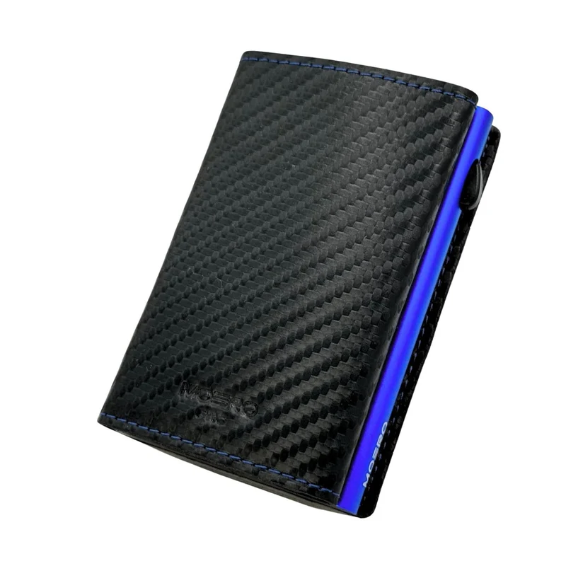 Moero PRO Zip Carbon – Portafoglio in Vera Pelle e Fibra di Carbonio con Portamonete Zip, Protezione RFID e Chiusura Magnetica – Nero con Cuciture Blu
