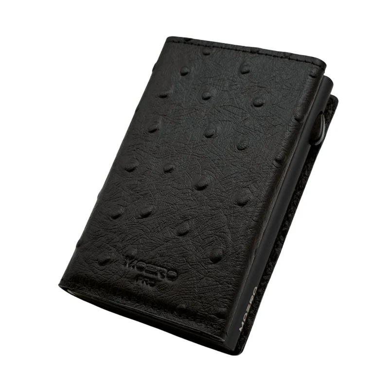 Moero PRO Zip Struzzo – Portafoglio in Vera Pelle con Stampa Struzzo, Portamonete Zip, Protezione RFID e Chiusura Magnetica – Nero