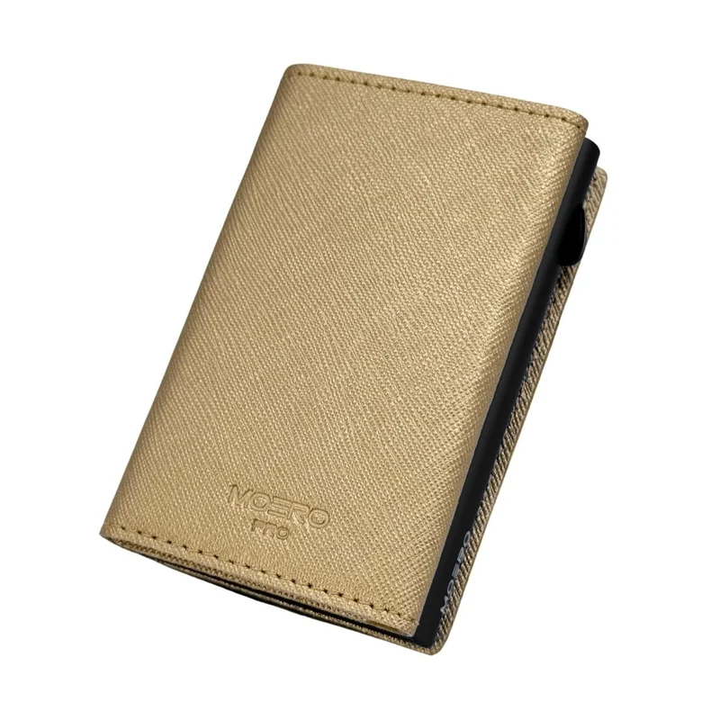 Moero PRO Zip Saffiano – Portafoglio in Vera Pelle Saffiano Antigraffio con Portamonete Zip, RFID e Chiusura Magnetica – Oro