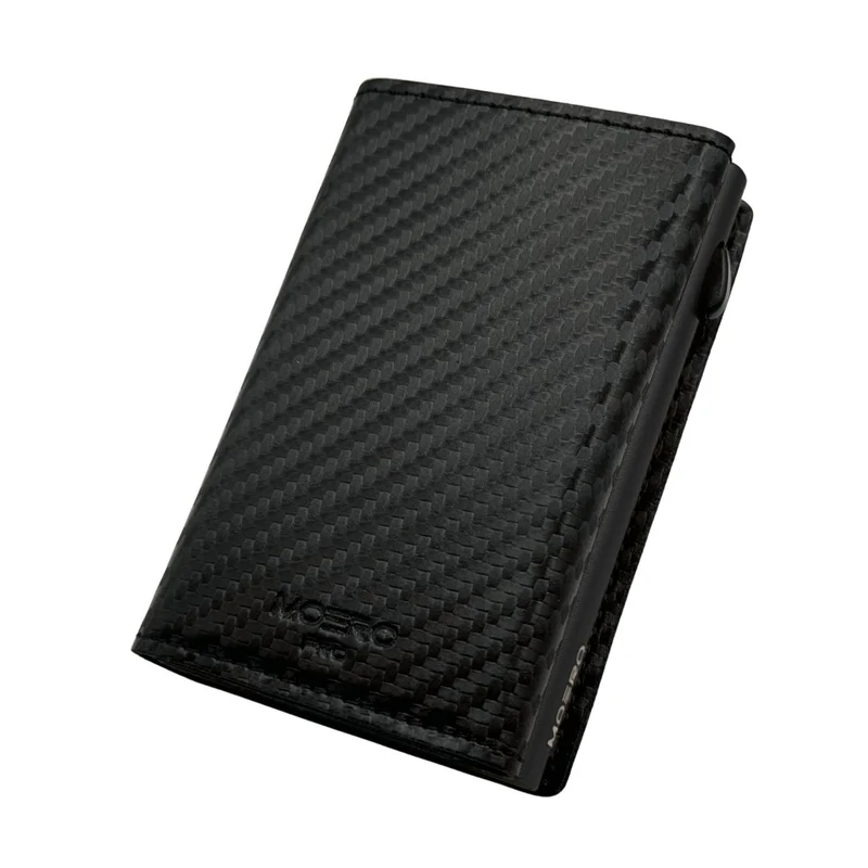 Moero PRO Zip Carbon – Portafoglio in Vera Pelle e Fibra di Carbonio con Portamonete Zip, Protezione RFID e Chiusura Magnetica – Nero