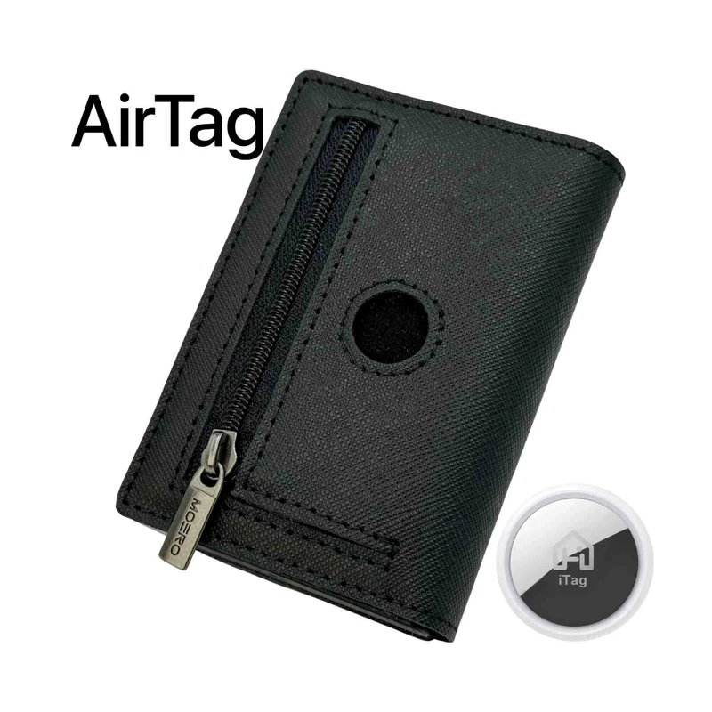 Moero PRO Zip AirTag Saffiano – Portafoglio in Vera Pelle Saffiano Antigraffio con Slot AirTag, Portamonete Zip, RFID e Chiusura Magnetica – Nero