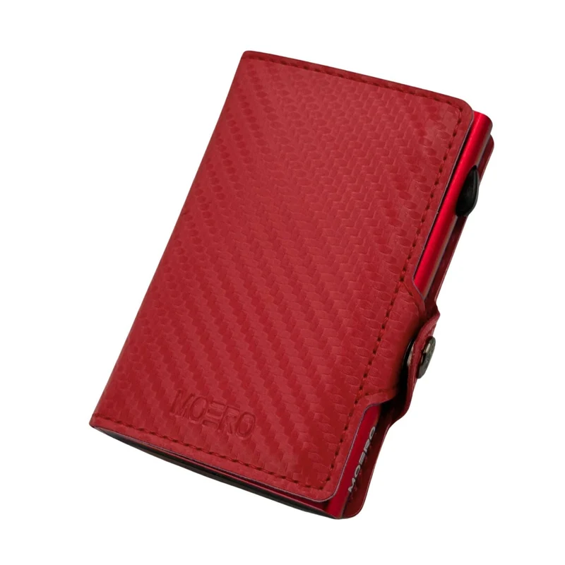 Moero Classic Zip Carbon – Portafoglio in Vera Pelle e Fibra di Carbonio con Portamonete Zip, Protezione RFID e Chiusura con Bottone – Rosso