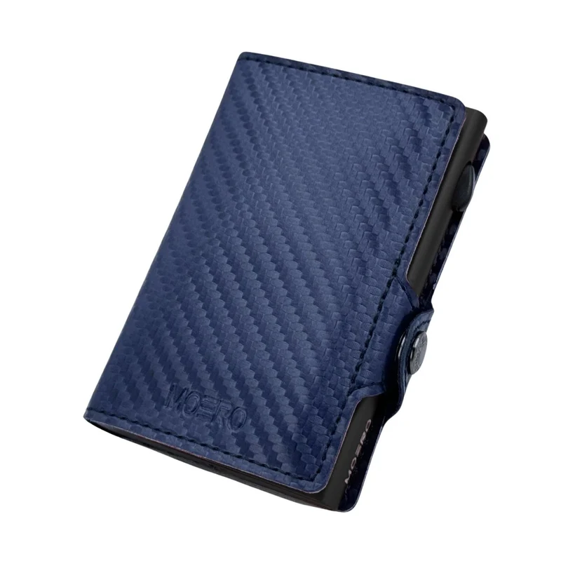 Moero Classic Zip Carbon – Portafoglio in Vera Pelle e Fibra di Carbonio con Portamonete Zip, Protezione RFID e Chiusura con Bottone – Blu