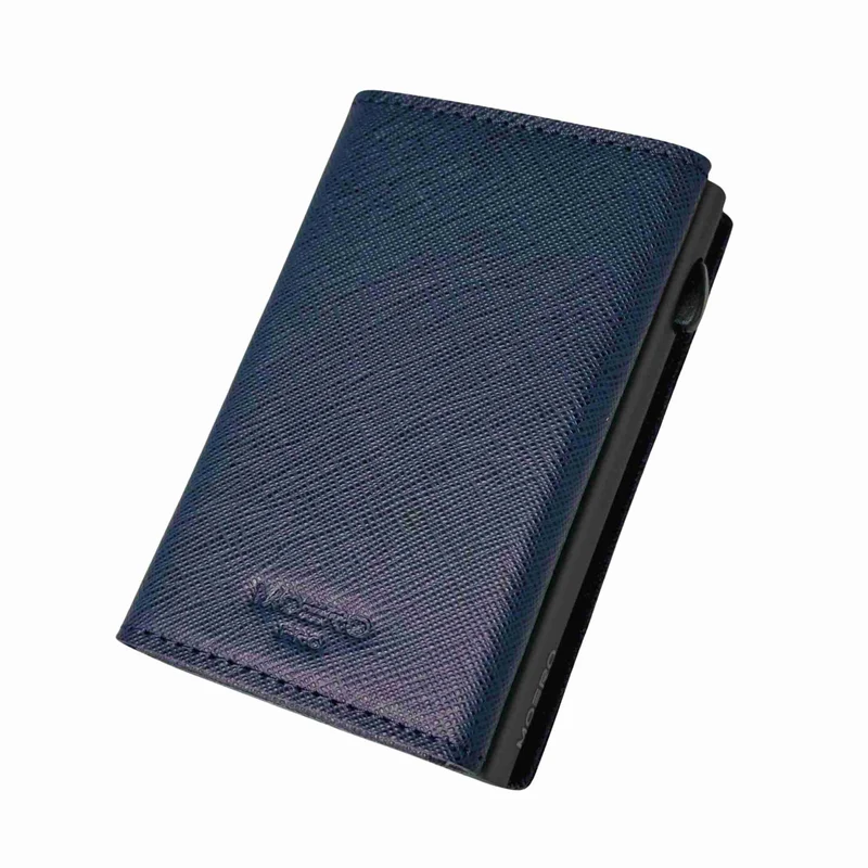 Moero PRO Zip Saffiano – Portafoglio in Vera Pelle Saffiano Antigraffio con Portamonete Zip, RFID e Chiusura Magnetica – Blu Navy