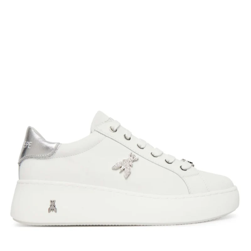 Sneakers Platform PATRIZIA PEPE Girl in Pelle Bianca con Logo Gioiello Silver