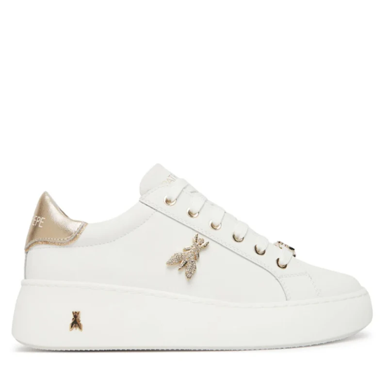 Sneakers Platform PATRIZIA PEPE Girl in Pelle Bianca con Logo Gioiello Platino