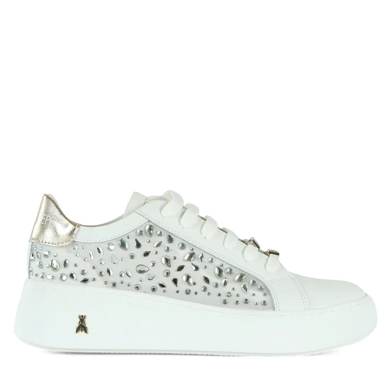 Sneakers Platform PATRIZIA PEPE Girl in Pelle Bianca con Inserti Trasparenti con Pietre Applicate