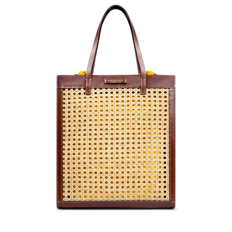 Borsa Donna Shopper Verticale THE BRIDGE linea Mirra Wow in Paglia e Pelle Marrone