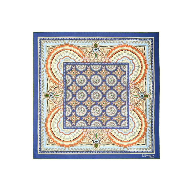 BLUE HAND-PRINTED SILK POCKET SQUARE