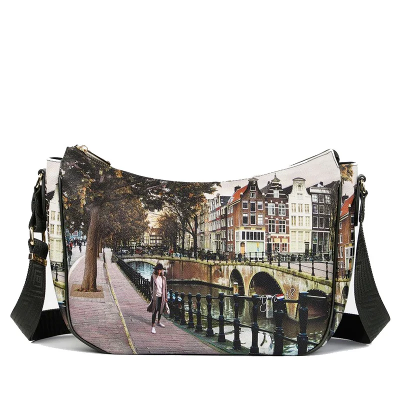 Borsa Donna Hobo Bag a Tracolla Y NOT YES-628 Stampa Amsterdam Bridge