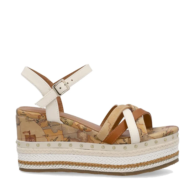 Sandali Donna con Zeppa 1A Classe Alviero Martini in Eco Nappa Bianca e Micro Borchie 1400