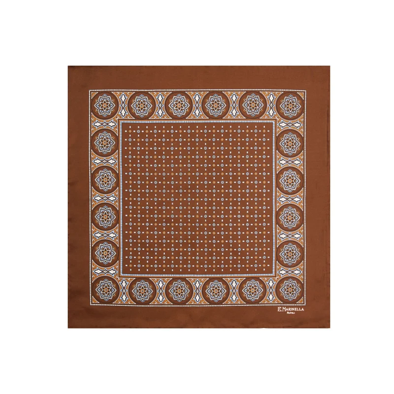 DARK BROWN PRINTED SILK POCKET SQUARE