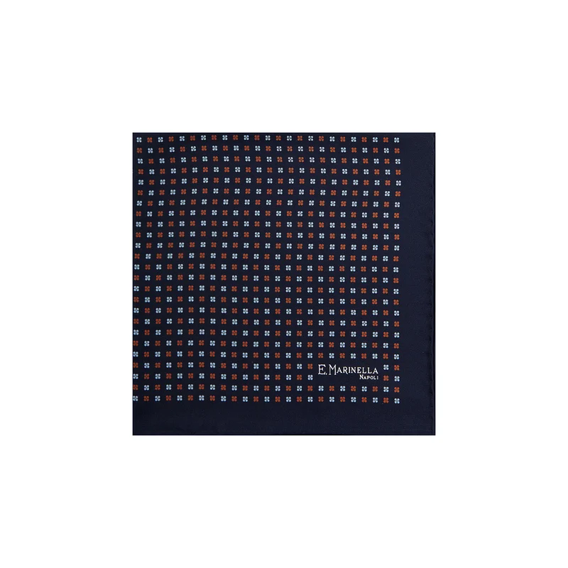 DARK BLUE HAND-PRINTED SILK POCKET SQUARE