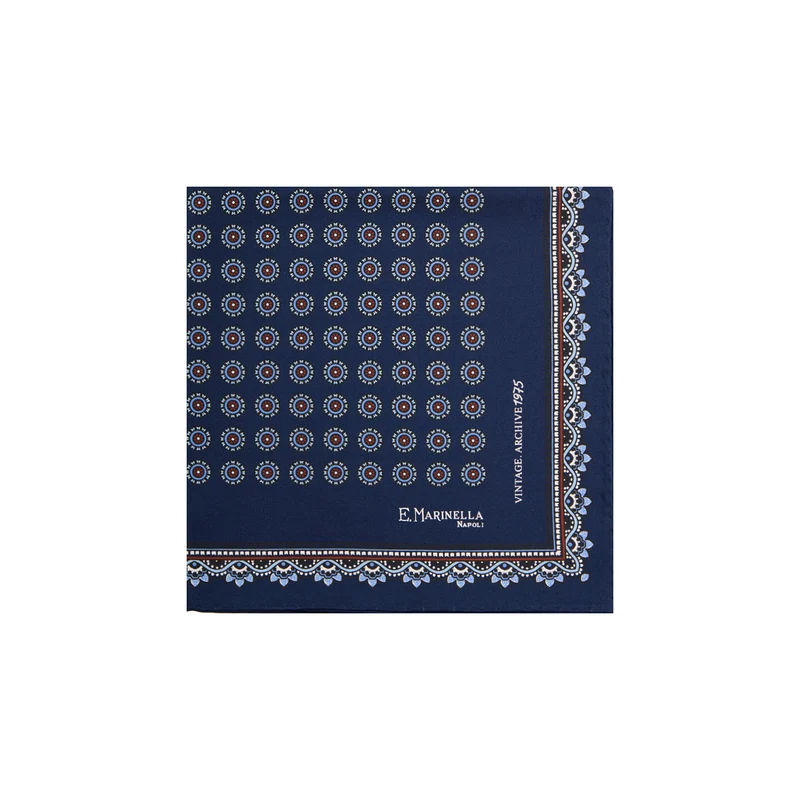 DARK BLUE HAND-PRINTED SILK POCKET SQUARE