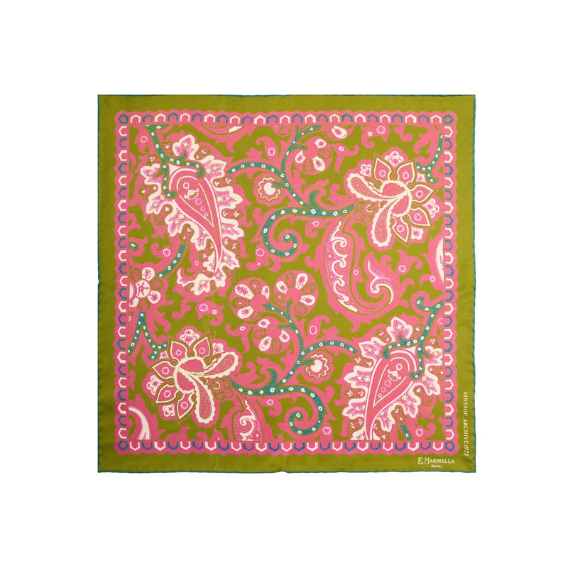 OLIVE GREEN PRINTED SILK POCKET SQUARE