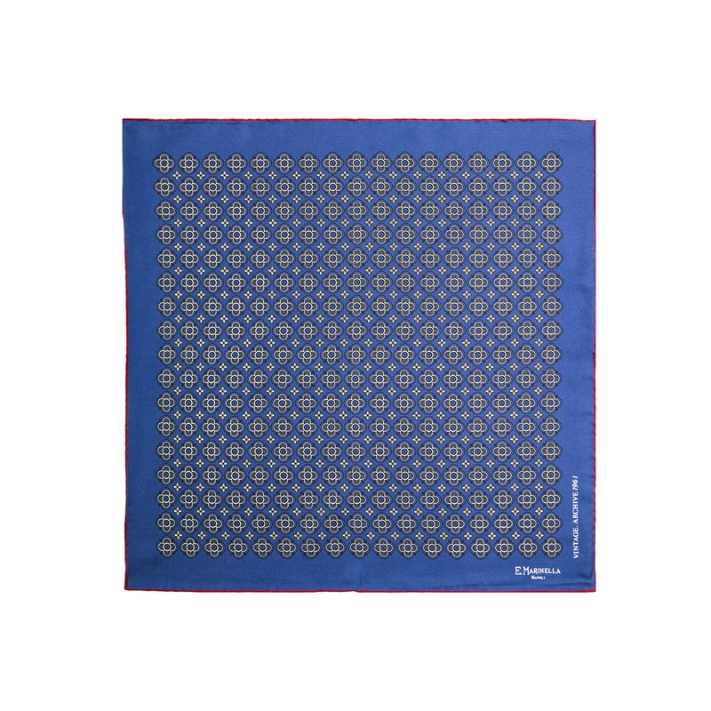 BLUE HAND-PRINTED SILK POCKET SQUARE