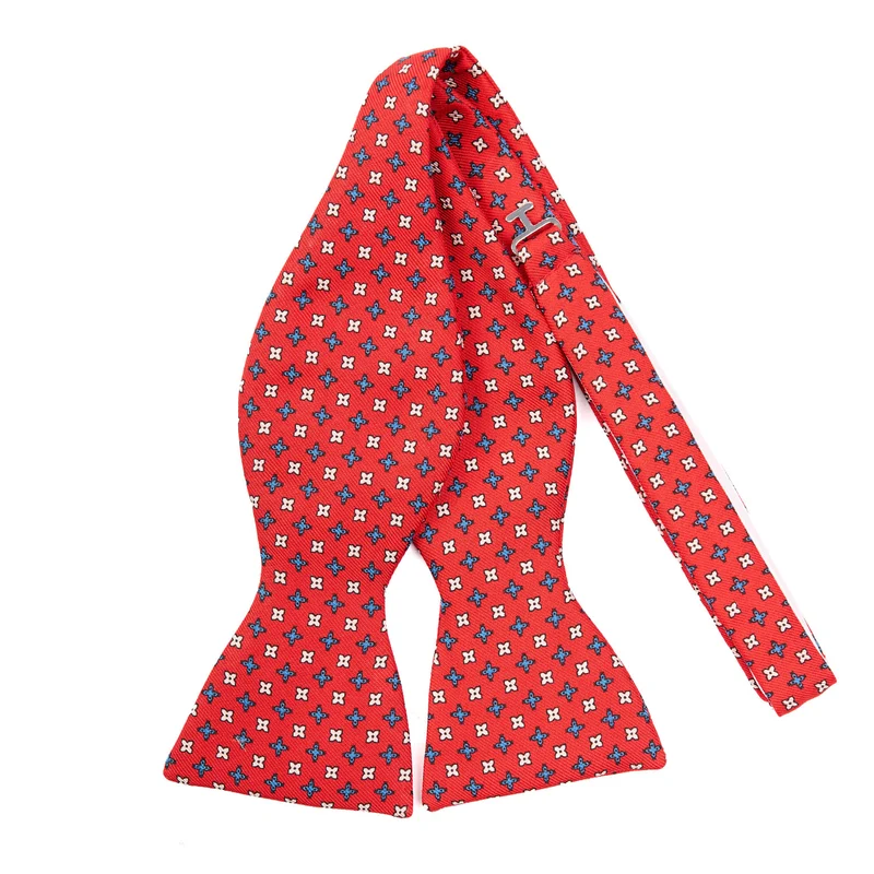 RED SELF-TIE PRINTED SILK BOW TIE