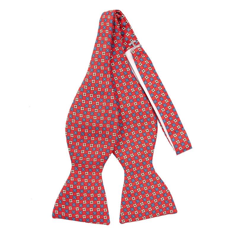 RED SELF-TIE PRINTED SILK BOWTIE