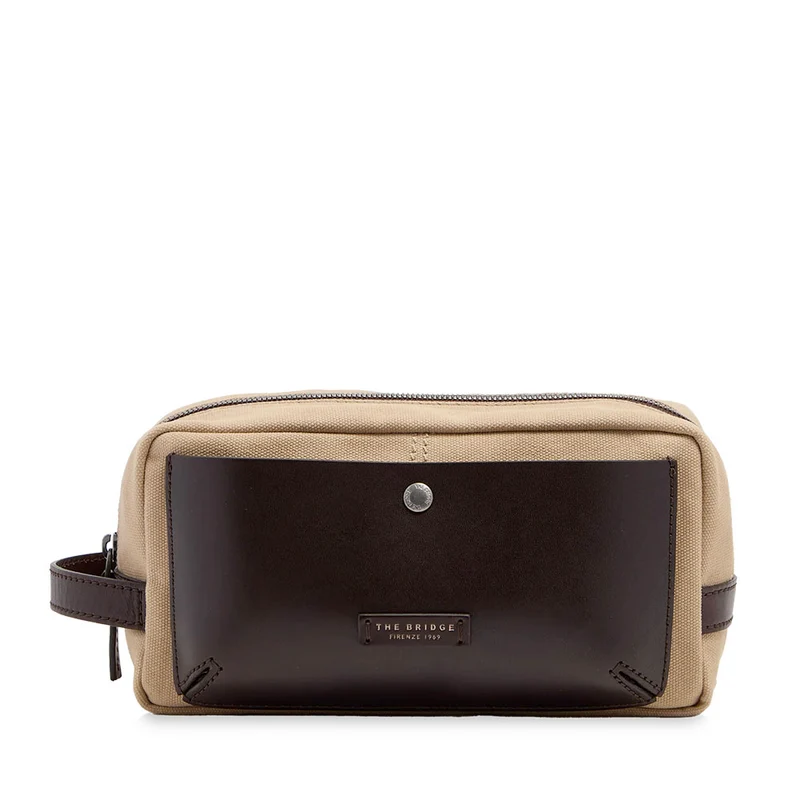 Necessaire Uomo THE BRIDGE linea Igor in Tessuto Cerato Beige e Pelle Testa di Moro