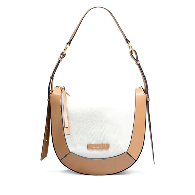 Borsa Donna a Spalla THE BRIDGE linea Fedora in Pelle Beige e Tessuto Bianco
