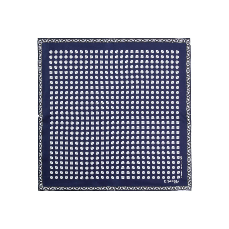 DARK BLUE HAND-PRINTED SILK POCKET SQUARE