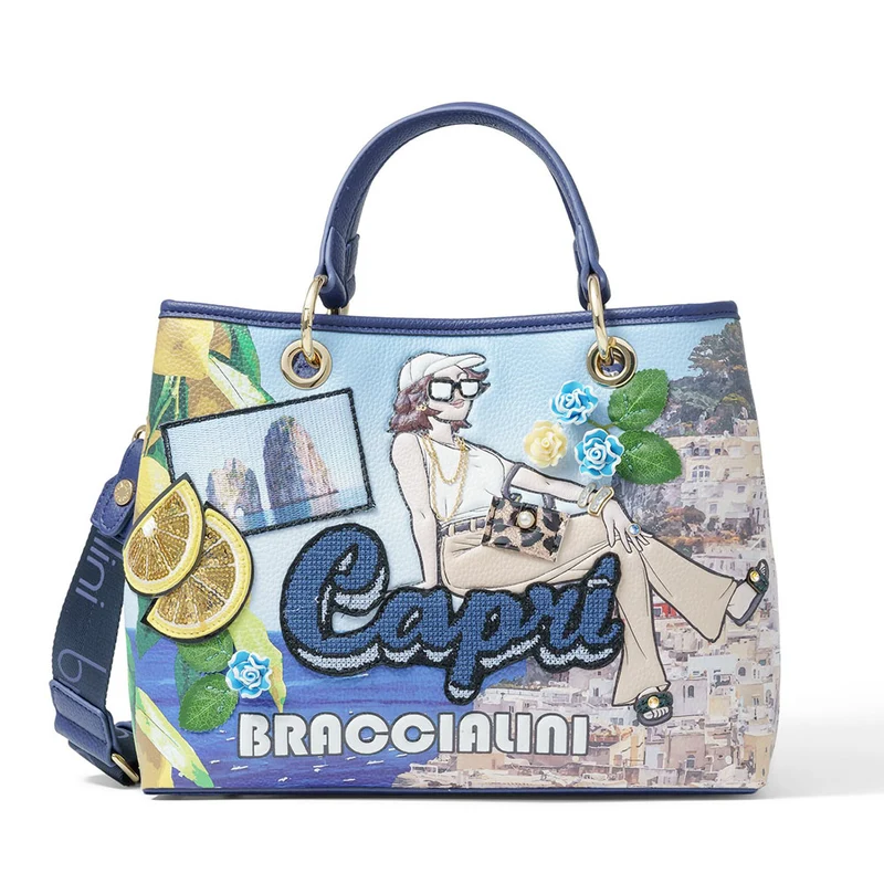 Borsa Donna a Mano Media BRACCIALINI linea Cartoline stampa Capri