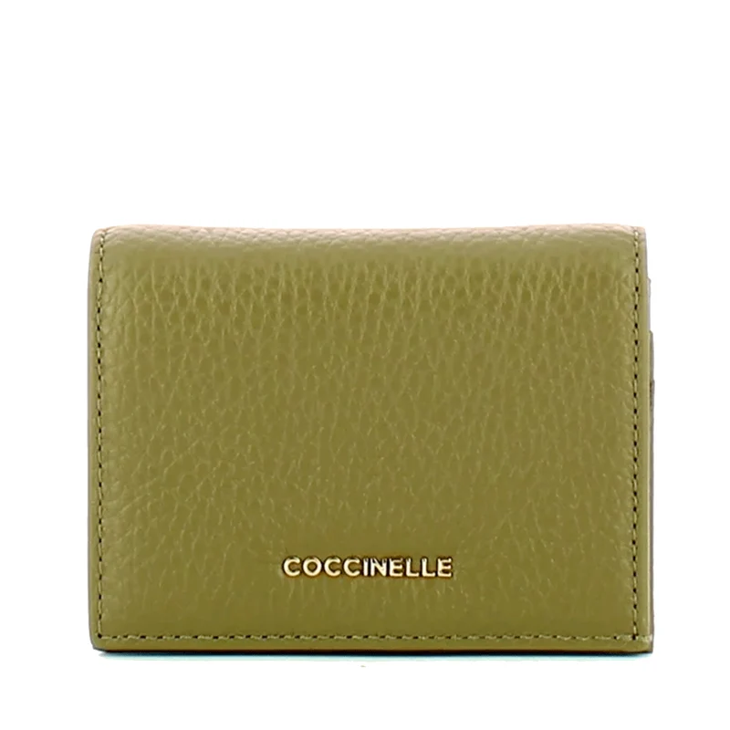 Portafoglio Donna Mini COCCINELLE in Pelle Linea Metallic Soft colore Laurel Green Chiuso con Bottone
