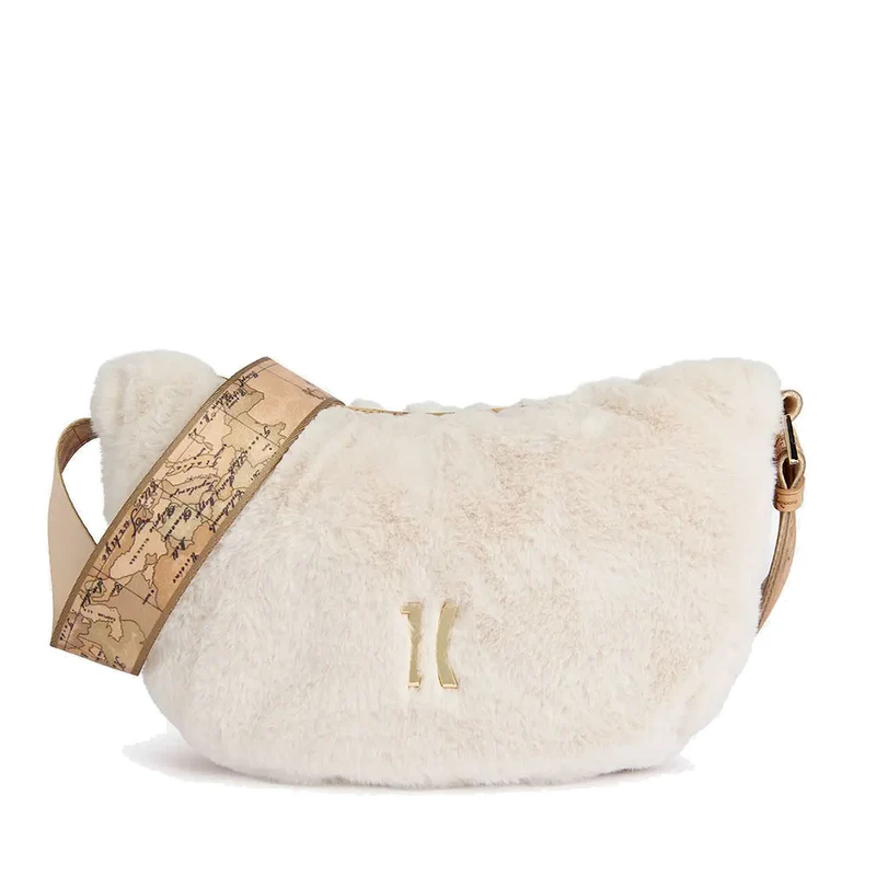 Mezzaluna a Tracolla 1A Classe Alviero Martini linea Cozy Fur in Eco Pelliccia Beige Chiaro LE30