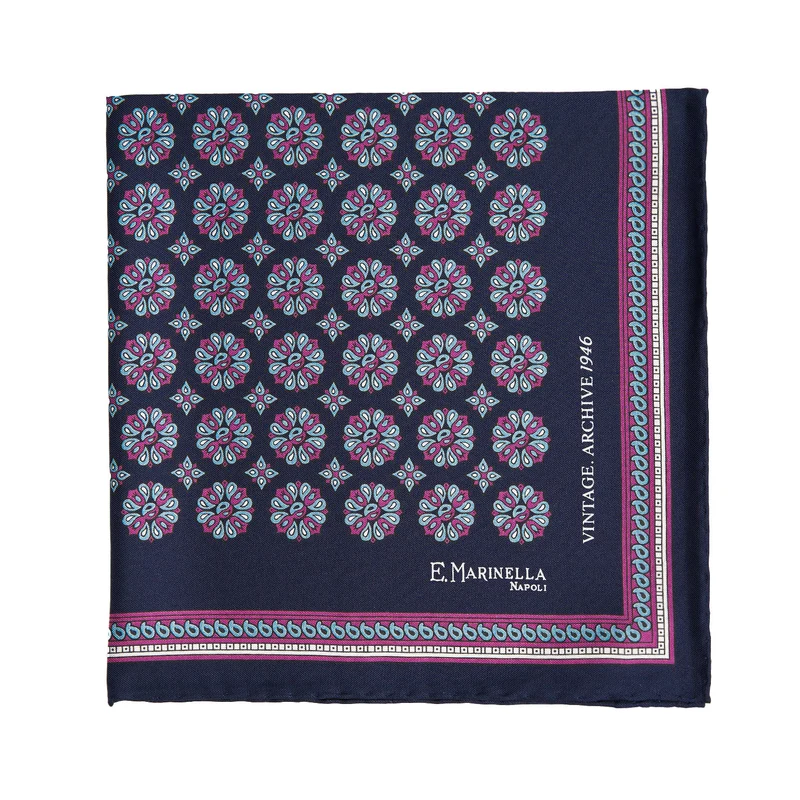 DARK BLUE HAND-PRINTED SILK POCKET SQUARE