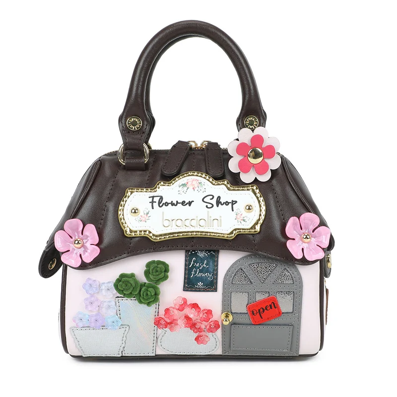 Borsa Donna a Mano BRACCIALINI linea Shape in Pelle Testa di Moro stampa Flower Shop