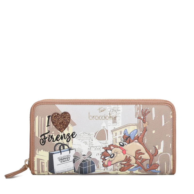 Portafoglio Donna Zip Around BRACCIALINI linea Cartoline LT Marrone stampa Taz