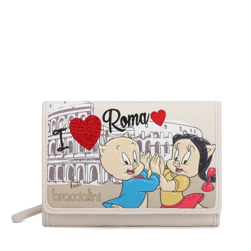 Portafoglio Donna Medio con Bottone BRACCIALINI linea Cartoline LT Avorio stampa Porky e Petunia