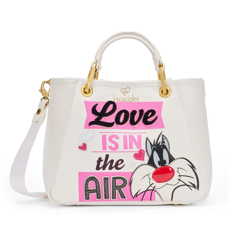 Borsa Donna a Mano BRACCIALINI linea Amy Looney Tunes Bianca stampa Silvestro