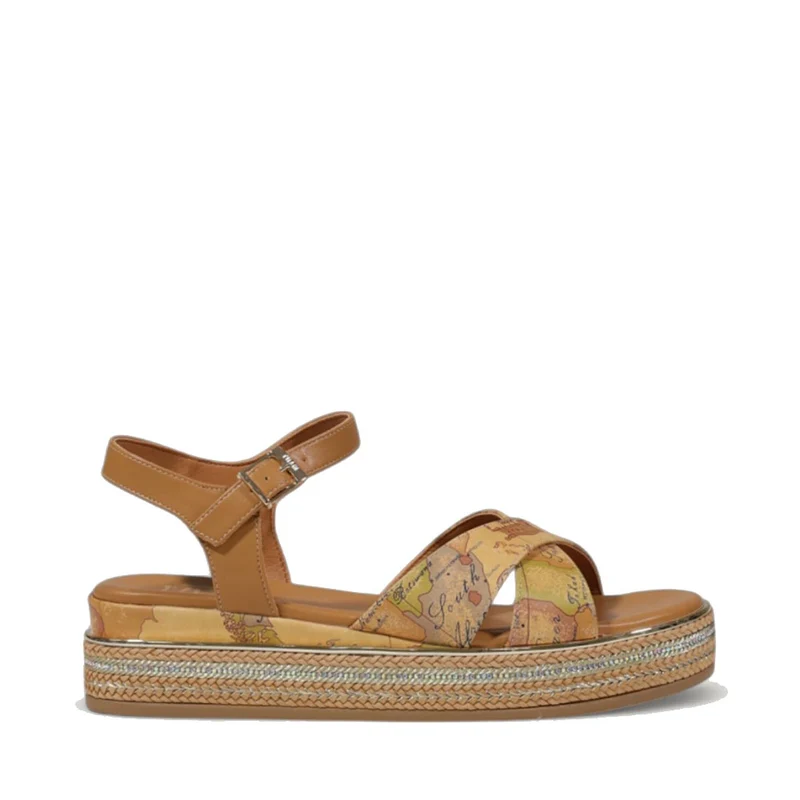 Sandali Platform 1A Classe Alviero Martini stampa Geo Beige con Inserti color Cuoio 2183