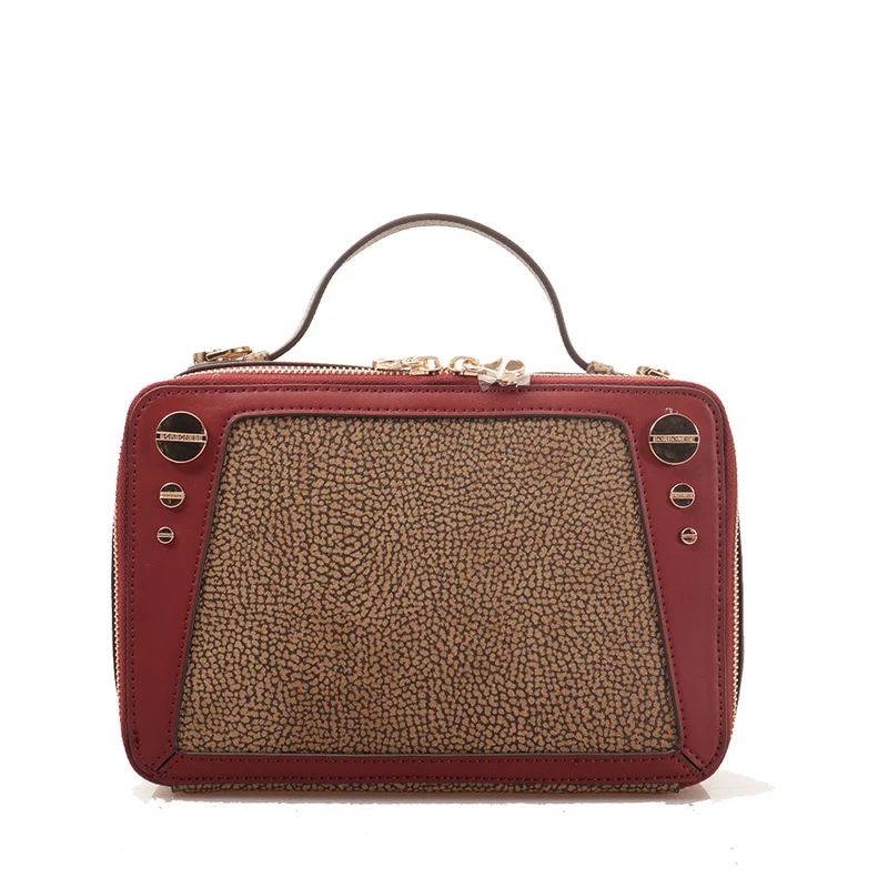 Camera Case Donna Media BORBONESE linea Road in Tela Rivestita stampa OP Naturale e Pelle Rosso Borgogna