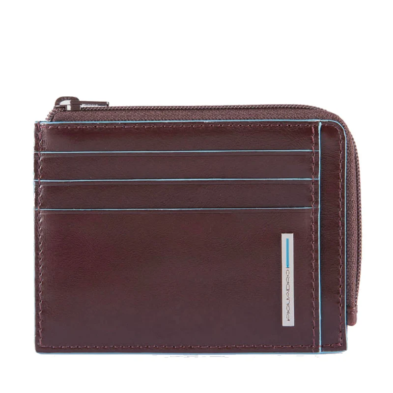 Portafoglio Porta Carte PIQUADRO In Pelle Mogano Linea Blue Square Chiuso con Zip