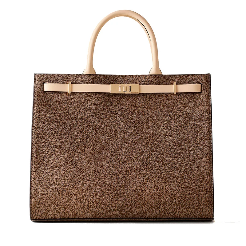 Borsa Donna a Mano Large BORBONESE linea Out Of Office in Tela Rivestita OP Naturale e Pelle Light Cuir