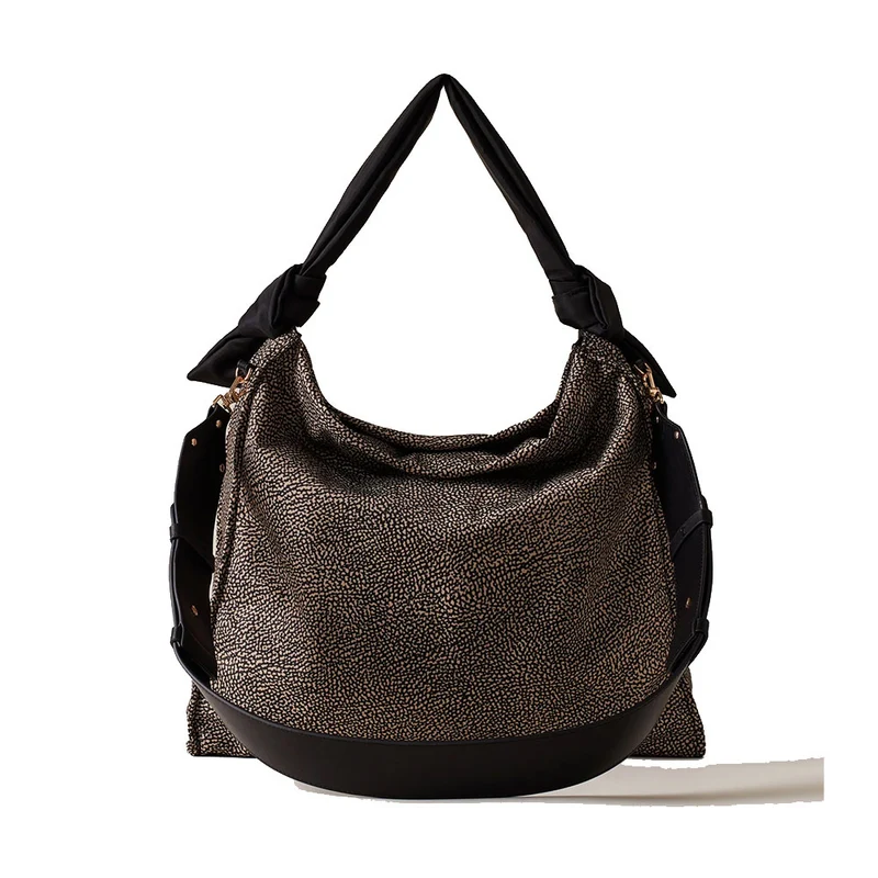 Borsa Donna Hobo Large BORBONESE linea Lover in Tessuto stampa Op Naturale e Nero