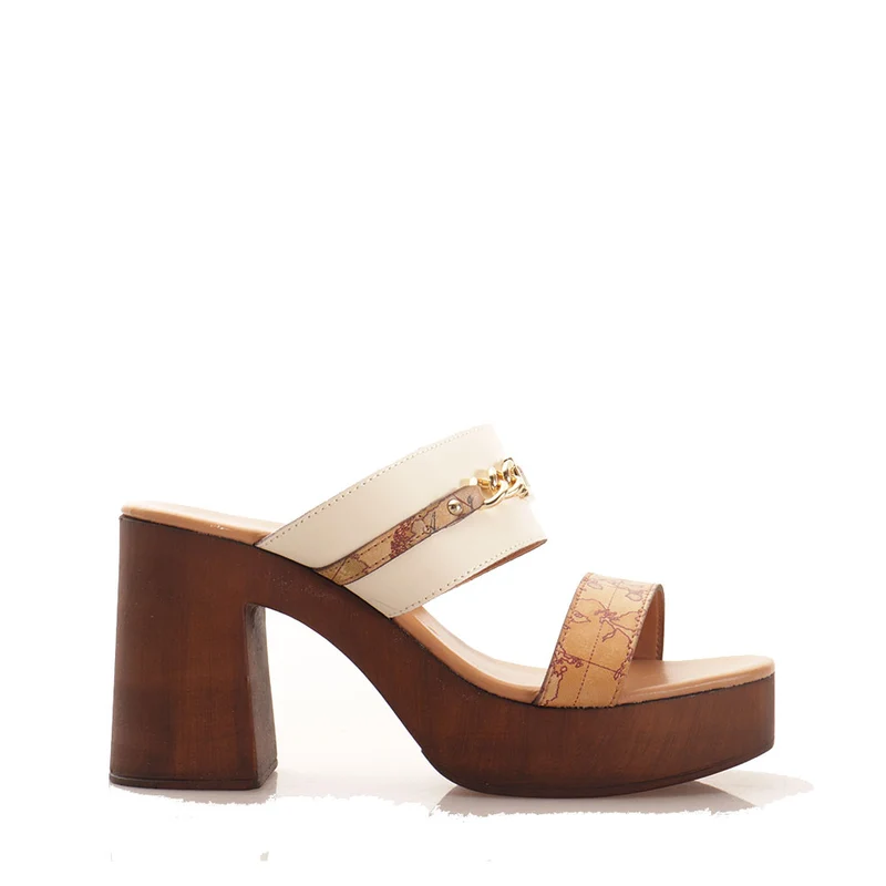 Scarpe Donna 1A Classe Alviero Martini Zoccoli con Tacco 9 cm in Pelle Bianca e Inserto Geo Classic 0792