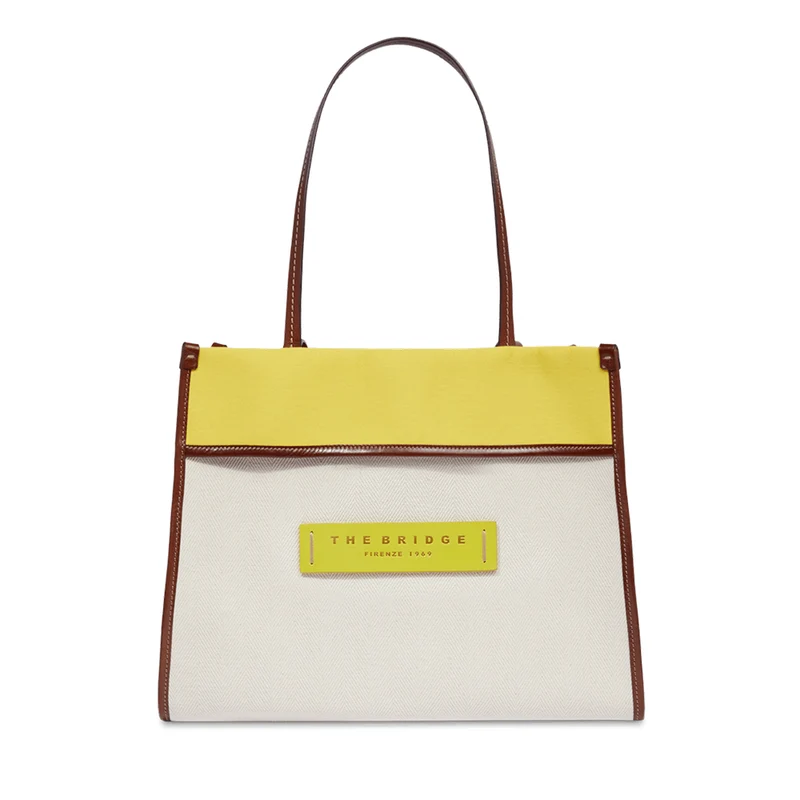 Shopping Bag THE BRIDGE linea Elisa in Cotone e Pelle Naturale Lime e Marrone
