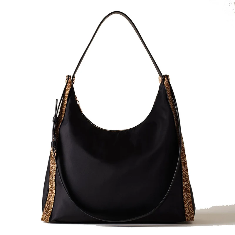 Borsa Donna Hobo Media BORBONESE linea New Orbit in Nylon Nero e Inserti in Camoscio OP Naturale