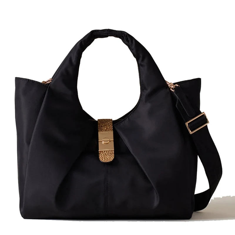 Borsa Donna a Mano Media BORBONESE linea Cortina in Nylon Nero e Inserti in Camoscio OP Naturale