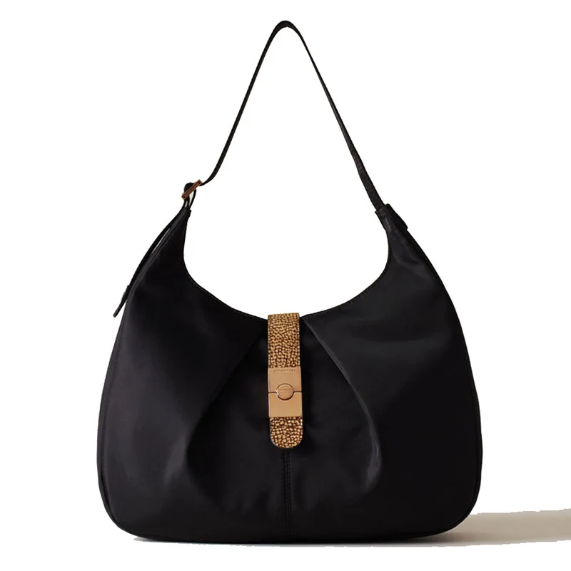 Borsa Donna Hobo Medium BORBONESE linea Cortina in Tessuto Nero e Inserti in Camoscio OP Naturale